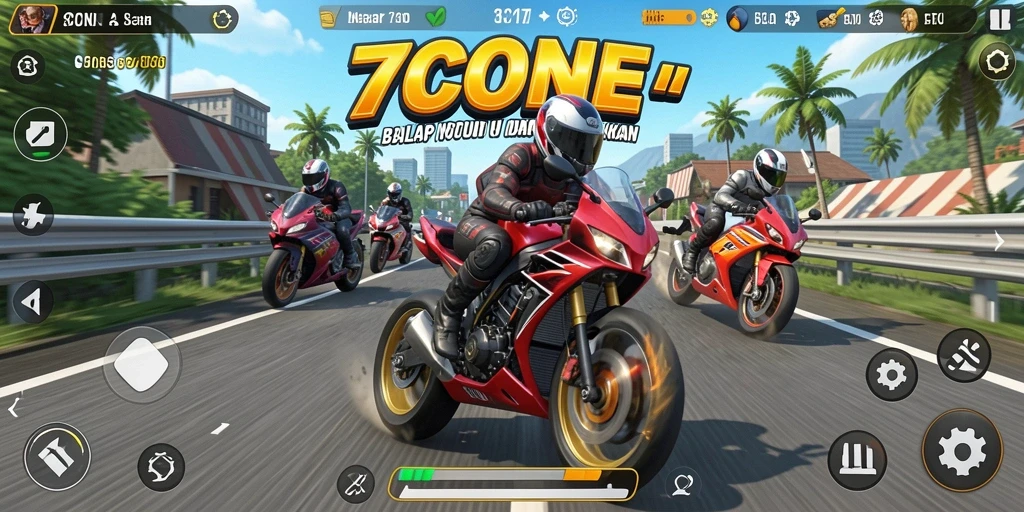 Gameplay seru di 7CONE dengan balapan motor yang mendebarkan.