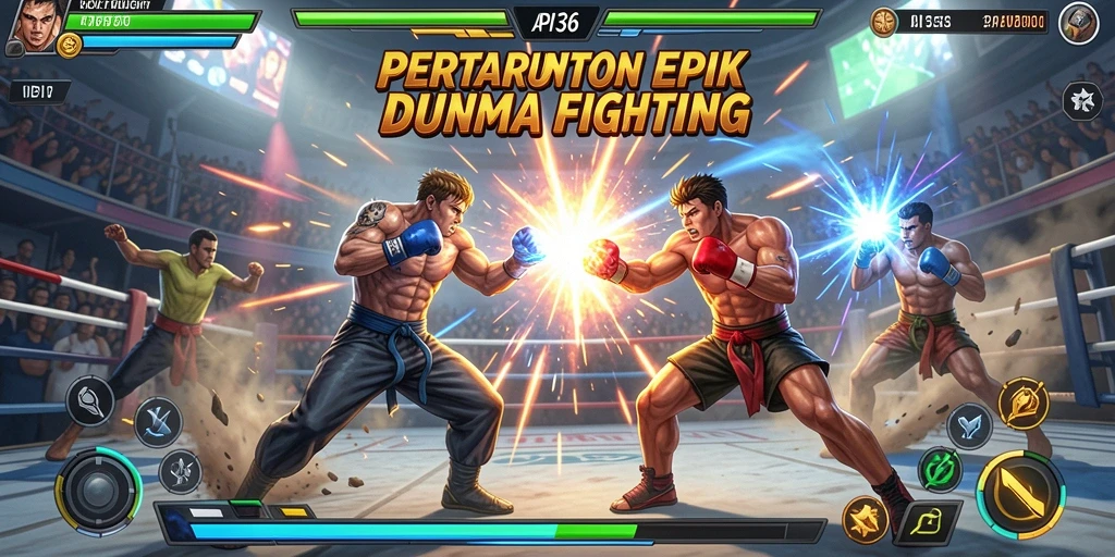 Screenshot utama API36 menampilkan pertarungan intens antar karakter di arena.