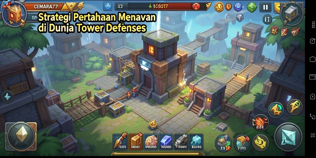 Screenshot gameplay Tower Defense CEMARA77 yang menawan.