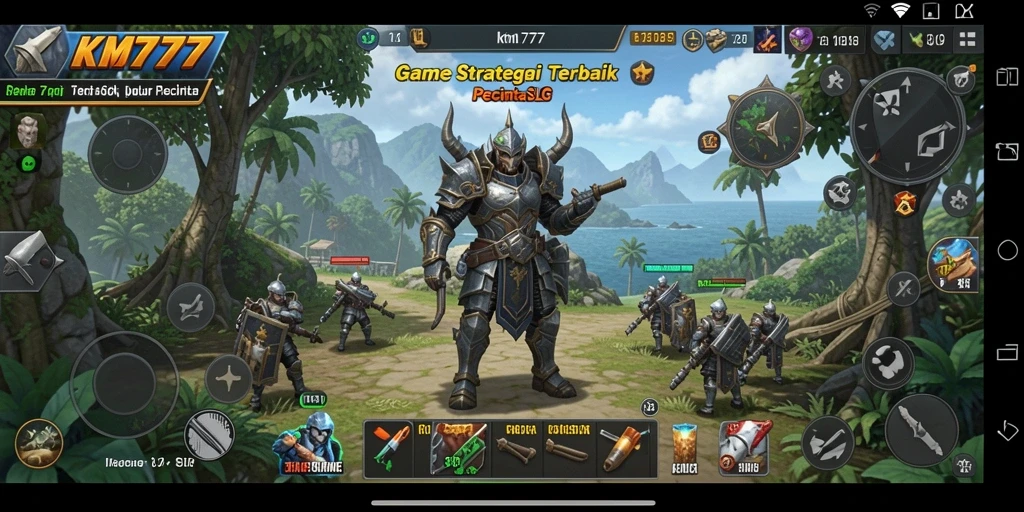 Tangkapan layar gameplay KM777 yang menampilkan strategi pertempuran SLG.