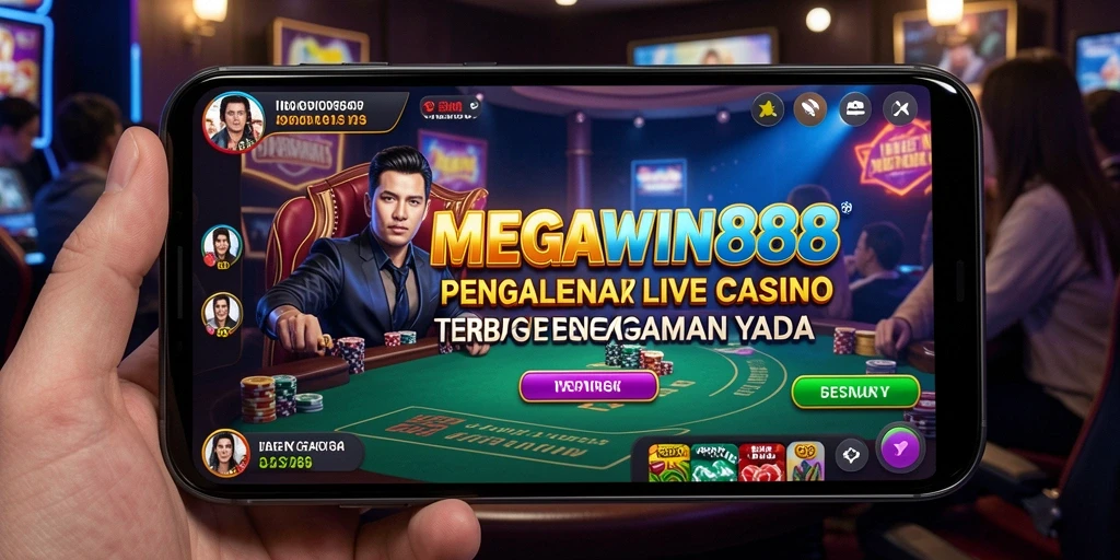 Tampilan gameplay MEGAWIN888 dengan dealer langsung dan suasana kasino.
