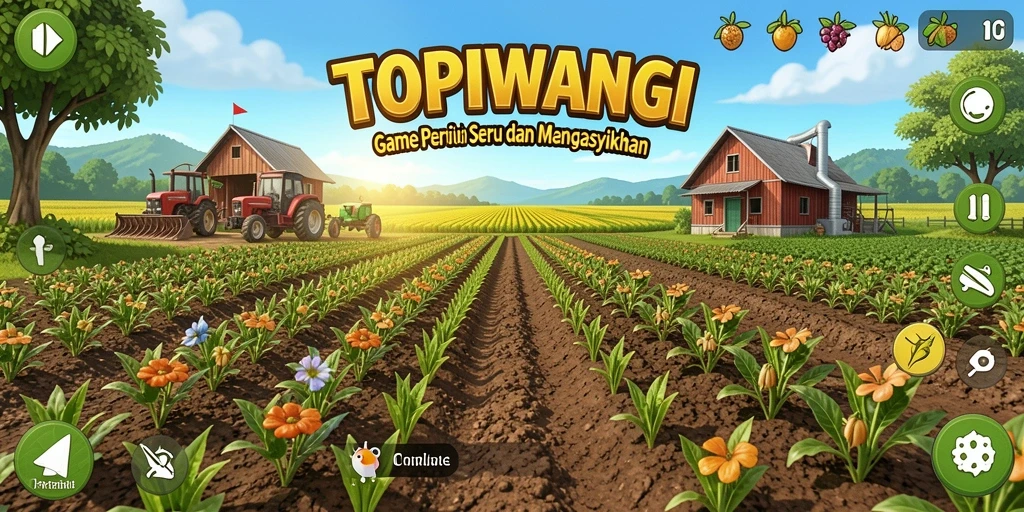 Screenshot gameplay TOPIWANGI menampilkan suasana pertanian yang indah.